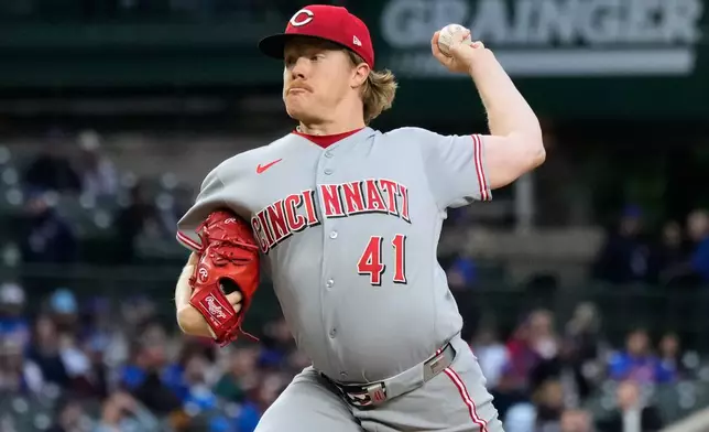 Cincinnati Reds starting pitcher Andrew Abbott throws against the Chicago Cubs during the first inning of a baseball game in Chicago, Tuesday, May 5, 2026. (AP Photo/Nam Y. Huh)