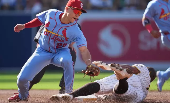 San Diego Padres' Xander Bogaerts, right, safely steals second base as St. Louis Cardinals second baseman JJ Wetherholt is late with the tag during the second inning of a baseball game Saturday, May 9, 2026, in San Diego. (AP Photo/Gregory Bull)