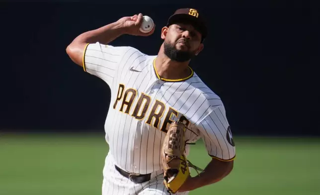 San Diego Padres starting pitcher Randy Vásquez works against a St. Louis Cardinals batter during the first inning of a baseball game Saturday, May 9, 2026, in San Diego. (AP Photo/Gregory Bull)