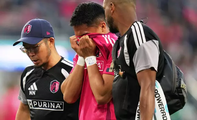 St. Louis City's Jaziel Orozco leaves the game after being injured during the first half of an MLS soccer match against Los Angeles FC Wednesday, May 13, 2026, in St. Louis. (AP Photo/Jeff Roberson)