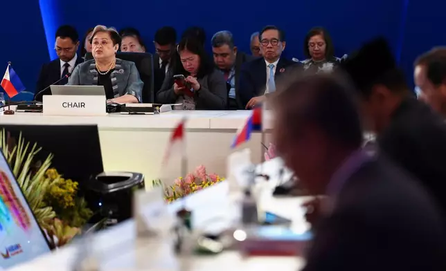 Philippine Foreign Secretary Theresa Lazaro, top left, delivers her opening statement during the Association of Southeast Asian Nations (ASEAN) Foreign Ministers' Meeting ahead of the 48th ASEAN Summit and Related Meetings in Cebu, Philippines, Thursday, May 7, 2026. (Eloisa Lopez/Pool Photo via AP)