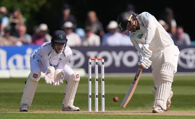 New Zealand's Tom Blundell bats on day one of the International Test Match between Ireland and New Zealand, in Belfast, Ireland, Wednesday May 27, 2026. (Niall Carson/PA via AP)