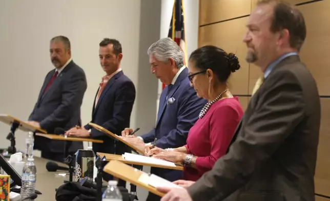 Candidates for governor of New Mexico participate in a public forum in Rio Rancho, N.M., on April 28, 2026, ahead of a June 2 primary election: From left to right, they are Democratic Bernalillo County District Attorney Sam Bregman, Republican businessman Doug Turner; Republican cannabis entrepreneur and health care expert Duke Rodriguez, Democratic former U.S. Interior Secretary Deb Haaland, and Republican former Rio Rancho mayor Gregg Hull. (AP Photo/Morgan Lee)