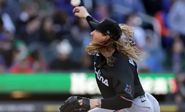 Miami Marlins pitcher Lake Bachar throws during the seventh inning of a baseball game against the New York Mets, Saturday, May 30, 2026, in New York. (AP Photo/Adam Hunger)