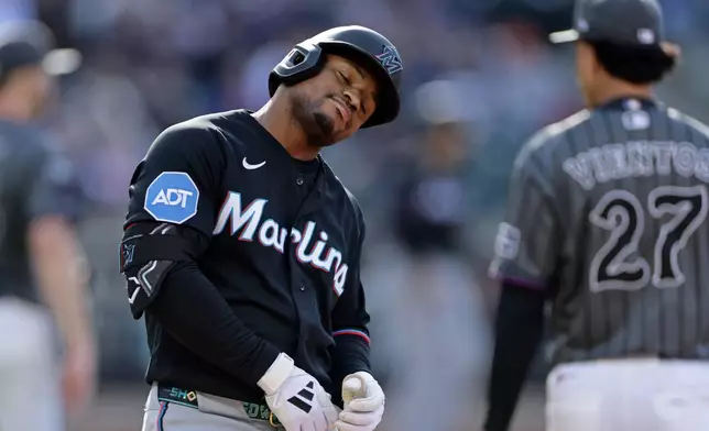 Miami Marlins' Xavier Edwards reacts after grounding out in the fifth inning of a baseball game against the New York Mets, Saturday, May 30, 2026, in New York. (AP Photo/Adam Hunger)