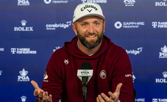 Jon Rahm, of Spain, speaks to the media prior to a PGA Championship golf tournament practice round at Aronimink Golf Club, Tuesday, May 12, 2026, in Newtown Square, PA. (AP Photo/Carolyn Kaster)