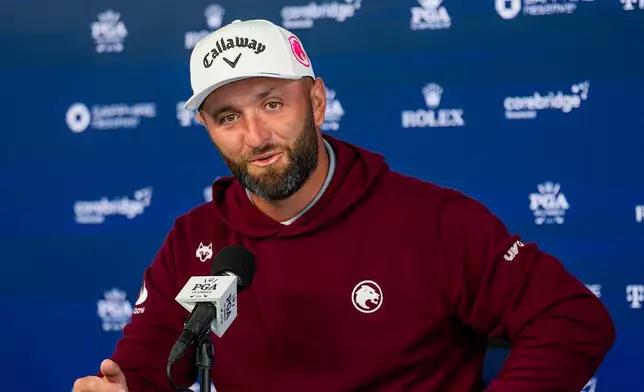 Jon Rahm, of Spain, speaks to the media prior to a PGA Championship golf tournament practice round at Aronimink Golf Club, Tuesday, May 12, 2026, in Newtown Square, PA. (AP Photo/Carolyn Kaster)