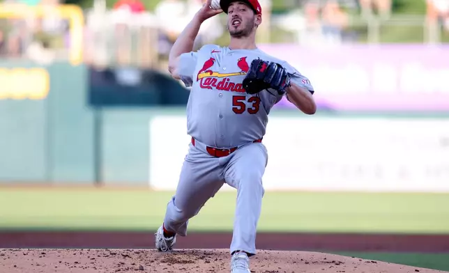 St. Louis Cardinals pitcher Andre Pallante throws to an Athletics batter during the first inning of a baseball game Tuesday, May 12, 2026, in West Sacramento, Calif. (AP Photo/Scott Marshall)