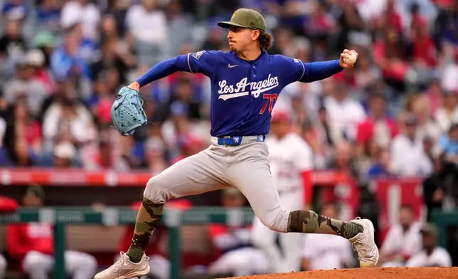 Los Angeles Dodgers pitcher Justin Wrobleski throws to the plate during the first inning of a baseball game against the Los Angeles Angels, Saturday, May 16, 2026, in Anaheim, Calif. (AP Photo/Mark J. Terrill)