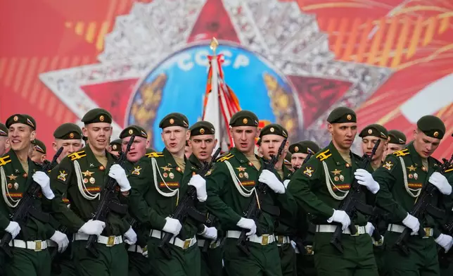 Troops march during a rehearsal for the Victory Day military parade at the Dvortsovaya (Palace) Square in St. Petersburg, Russia, Tuesday, May 5, 2026. (AP Photo/Dmitri Lovetsky)
