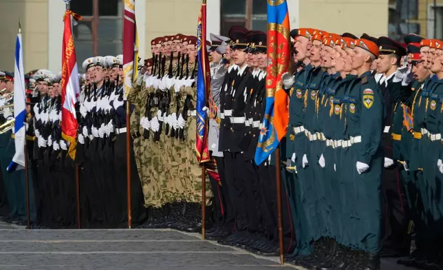 Troops attend a rehearsal for the Victory Day military parade at the Dvortsovaya (Palace) Square in St. Petersburg, Russia, Tuesday, May 5, 2026. (AP Photo/Dmitri Lovetsky)