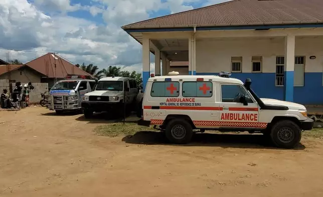 Ambulances are parked outside a hospital in Bunia, Congo, Saturday, May 16, 2026. (AP Photo/Constant Same Bagalwa)