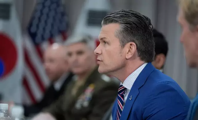 Defense Secretary Pete Hegseth meets with South Korea's Defense Minister Ahn Gyu-back, during at the Pentagon on Monday, May 11, 2026, in Washington. (AP Photo/Manuel Balce Ceneta)