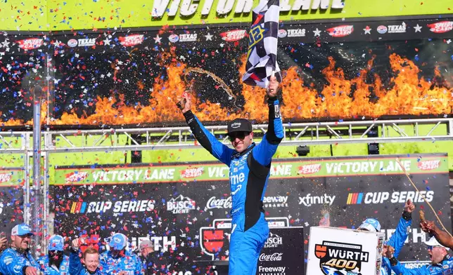 Chase Elliott celebrates after winning a NASCAR Cup Series auto race in Fort Worth, Texas, Sunday, May 3, 2026. (AP Photo/LM Otero)