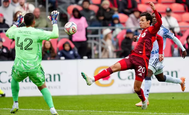 Toronto FC forward Daniel Salloi (20) chips the ball over San Jose Earthquakes goalkeeper Daniel de Sousa Britto (42) during the second half of an MLS soccer game in Toronto, Saturday, May 2, 2026. (Frank Gunn/The Canadian Press via AP)