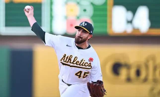 Athletics pitcher Aaron Civale throws during the first inning of a baseball game against the Seattle Mariners in West Sacramento, Calif., Monday, May 25, 2026. (AP Photo/Nic Coury)