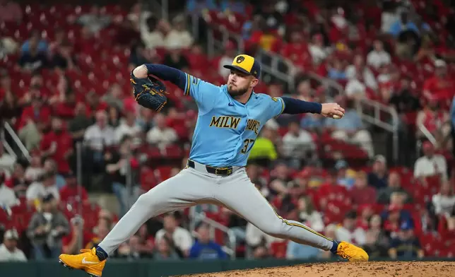 Milwaukee Brewers pitcher DL Hall throws during the fifth inning of a baseball game against St. Louis Cardinals Monday, May 4, 2026, in St. Louis. (AP Photo/Jeff Roberson)