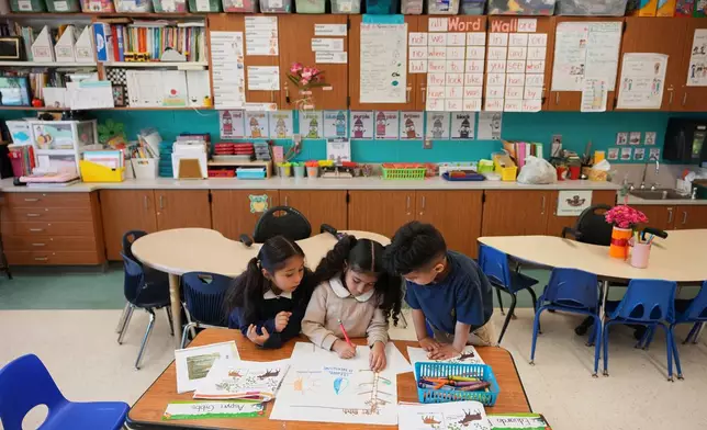 Kindergarten students work on a project at Munger Elementary-Middle School Thursday, May 7, 2026, in Detroit. (AP Photo/Paul Sancya)