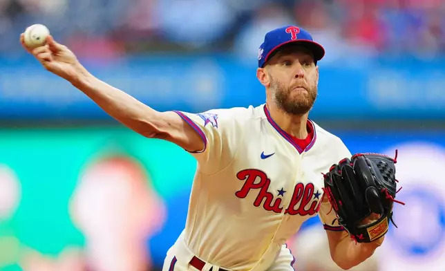 Philadelphia Phillies pitcher Zack Wheeler throws during the first inning of a baseball game against the Cleveland Guardians, Saturday, May 23, 2026, in Philadelphia. (AP Photo/Derik Hamilton)