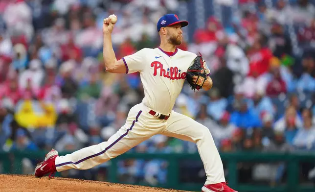 Philadelphia Phillies pitcher Zack Wheeler throws during the second inning of a baseball game against the Cleveland Guardians, Saturday, May 23, 2026, in Philadelphia. (AP Photo/Derik Hamilton)
