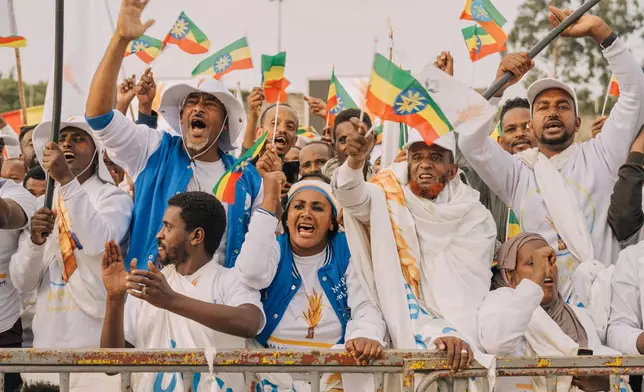 Supporters of Ethiopia's ruling Prosperity Party cheer at a rally ahead of the national elections in Addis Ababa, Ethiopia, Tuesday, May 26, 2026. (AP Photo/Amanuel Sileshi)