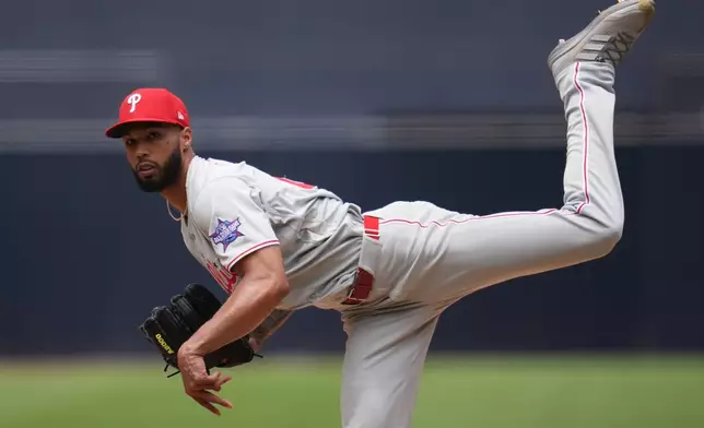 Philadelphia Phillies starting pitcher Cristopher Sánchez works against a San Diego Padres batter during the first inning of a baseball game Wednesday, May 27, 2026, in San Diego. (AP Photo/Gregory Bull)
