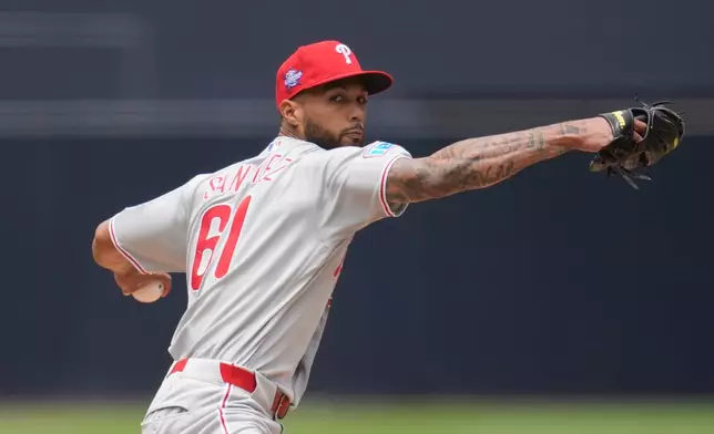 Philadelphia Phillies starting pitcher Cristopher Sánchez works against a San Diego Padres batter during the first inning of a baseball game Wednesday, May 27, 2026, in San Diego. (AP Photo/Gregory Bull)