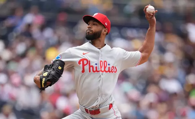 Philadelphia Phillies starting pitcher Cristopher Sánchez works against a San Diego Padres batter during the second inning of a baseball game Wednesday, May 27, 2026, in San Diego. (AP Photo/Gregory Bull)