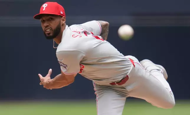 Philadelphia Phillies starting pitcher Cristopher Sánchez works against a San Diego Padres batter during the first inning of a baseball game Wednesday, May 27, 2026, in San Diego. (AP Photo/Gregory Bull)