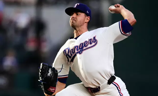 Texas Rangers pitcher MacKenzie Gore throws to the Arizona Diamondbacks in the first inning of a baseball game Tuesday, May 12, 2026, in Arlington, Texas. (AP Photo/Tony Gutierrez)