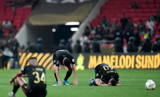 AS FAR Rabat's goalkeeper players react after loosing the CAF Champions League final soccer match between AS FAR Rabat and Mamelodi Sundowns, in Rabat, Morocco, Sunday, May 24, 2026. (AP Photo/Mosa'ab Elshamy)
