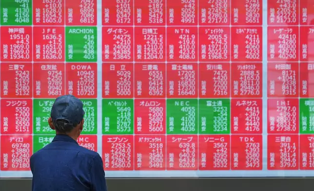 A person looks at an electronic stock board showing Japan's Nikkei index at a securities firm Monday, May 25, 2026, in Tokyo. (AP Photo/Eugene Hoshiko)