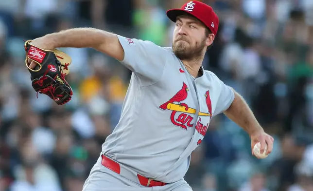 St. Louis Cardinals pitcher Matthew Liberatore throws to a Athletics batter during the second inning of a baseball game, Wednesday, May 13, 2026, in West Sacramento, Calif. (AP Photo/Scott Marshall)