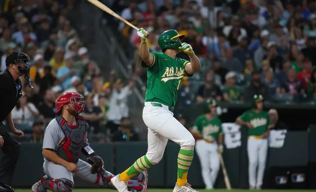 Athletics' Nick Kurtz hits a grand slam during the fifth inning of a baseball game against the St. Louis Cardinals Wednesday, May 13, 2026, in West Sacramento, Calif. (AP Photo/Scott Marshall)