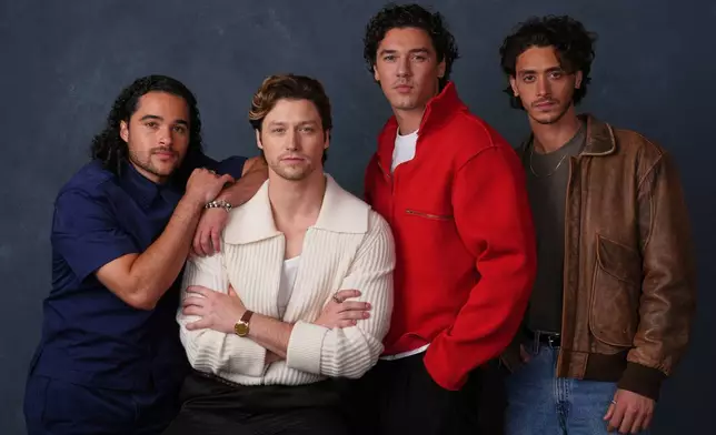 Cast members, from left, Jalen Thomas Brooks, Stephen Kalyn, Belmont Cameli and Antonio Cipriano pose for a portrait to promote the series "Off Campus" on Tuesday, April 28, 2026, in West Hollywood, Calif. (AP Photo/Chris Pizzello)