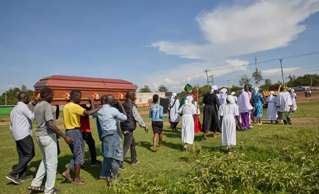 Mourners carry a coffin during a funeral procession led by a Christian congregation on the outskirts of Kisumu, Kenya, Friday, March 13, 2026. (AP Photo/Asa Wallin)