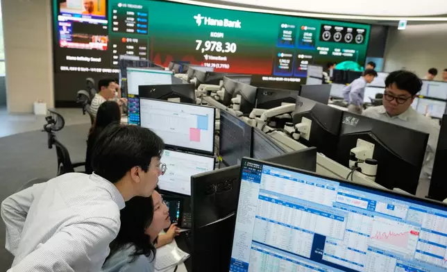 Currency traders work at the foreign exchange dealing room of the Hana Bank headquarters in Seoul, South Korea, Thursday, May 14, 2026. (AP Photo/Ahn Young-joon)