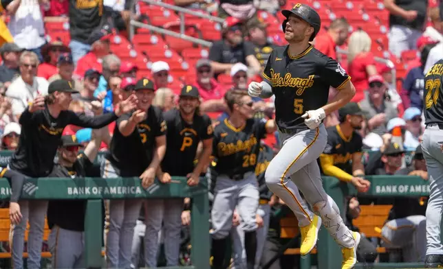 Pittsburgh Pirates' Brandon Lowe (5) rounds the bases after hitting a solo home run during the first inning of a baseball game against St. Louis Cardinals Thursday, May 21, 2026, in St. Louis. (AP Photo/Jeff Roberson)