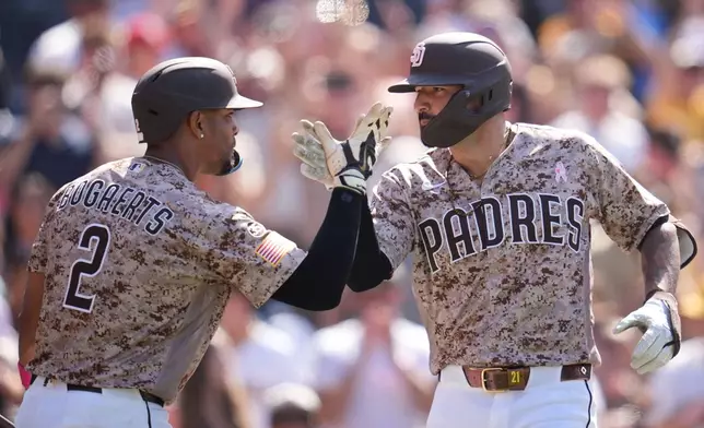 San Diego Padres' Nick Castellanos, right, celebrates his two-run home run with teammate Xander Bogaerts (2) during the ninth inning of a baseball game against the St. Louis Cardinals Sunday, May 10, 2026, in San Diego. (AP Photo/Gregory Bull)
