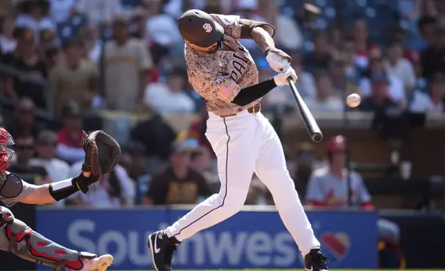 San Diego Padres' Nick Castellanos hits a two-run home run during the ninth inning of a baseball game against the St. Louis Cardinals Sunday, May 10, 2026, in San Diego. (AP Photo/Gregory Bull)