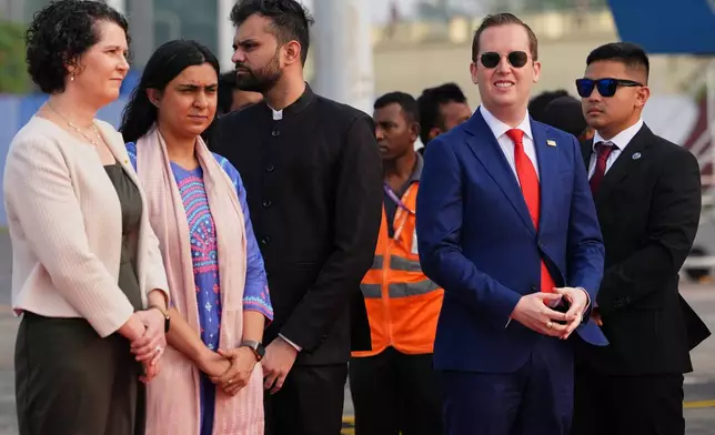 US Ambassador to India, Sergio Gor, second right, waits for the arrival of United States Secretary of State Marco Rubio at Netaji Subhash Chandra Bose International Airport in Kolkata, India, Saturday, May 23, 2026. (AP Photo/Julia Demaree Nikhinson, Pool)