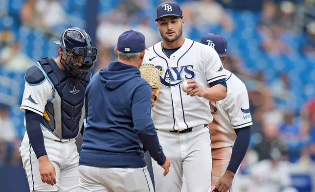 Tampa Bay Rays manager Kevin Cash, center, takes pitcher Shane McClanahan, right, out of the game against the Toronto Blue Jays during the sixth inning of a baseball game Wednesday, May 6, 2026, in St. Petersburg, Fla. (AP Photo/Chris O'Meara)