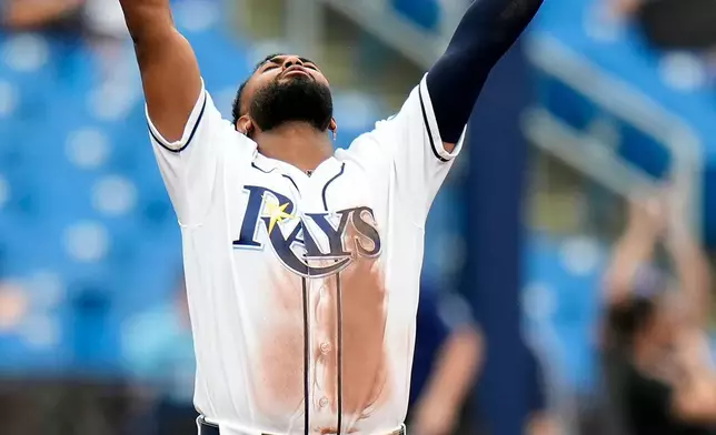 Tampa Bay Rays third baseman Junior Caminero reacts after the team defeated the Toronto Blue Jays during a baseball game Wednesday, May 6, 2026, in St. Petersburg, Fla. (AP Photo/Chris O'Meara)
