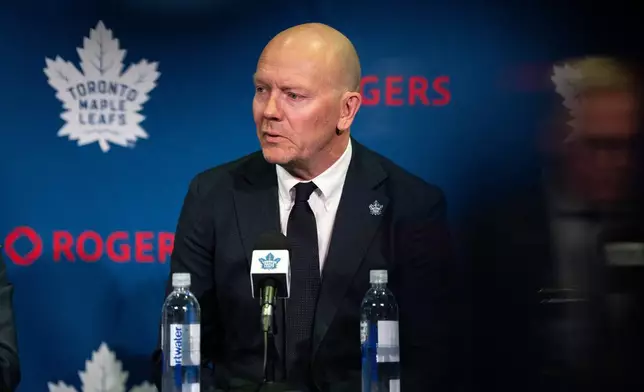 New Toronto Maple Leafs Senior Executive Advisor, Hockey Operations, Mats Sundin, speaks during a press conference in Toronto on Monday, May 4, 2026. (Arlyn McAdorey/The Canadian Press via AP)