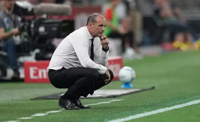 AC Milan's head coach Massimiliano Allegri reacts during the Serie A soccer match between AC Milan and Cagliari, in Milan, Italy, Sunday, May 24, 2026. (AP Photo/Antonio Calanni)