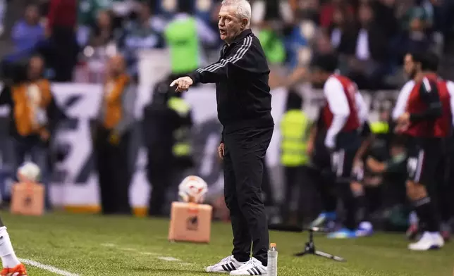 Mexico's coach Javier Aguirre gestures during an international friendly soccer match against Ghana in Puebla, Mexico, Friday, May 22, 2026. (AP Photo/Fernando Llano)