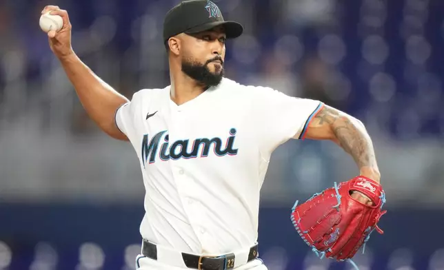 Miami Marlins starting pitcher Sandy Alcantara throws during the first inning of a baseball game against the Atlanta Braves, Thursday, May 21, 2026, in Miami. (AP Photo/Lynne Sladky)