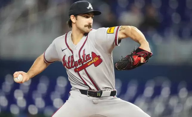 Atlanta Braves starting pitcher Spencer Strider throws during the first inning of a baseball game against the Miami Marlins, Thursday, May 21, 2026, in Miami. (AP Photo/Lynne Sladky)