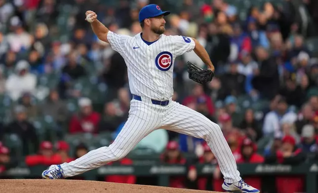 Chicago Cubs starting pitcher Colin Rea (53) throws against the Cincinnati Reds during the first inning of a baseball game Wednesday, May 6, 2026, in Chicago. (AP Photo/Erin Hooley)