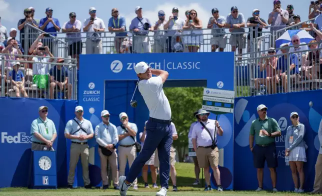 Brooks Koepka tees off on the first hole during the first round of the PGA Zurich Classic golf tournament, Thursday, April 23, 2026, in Avondale, La. (AP Photo/Matthew Hinton)